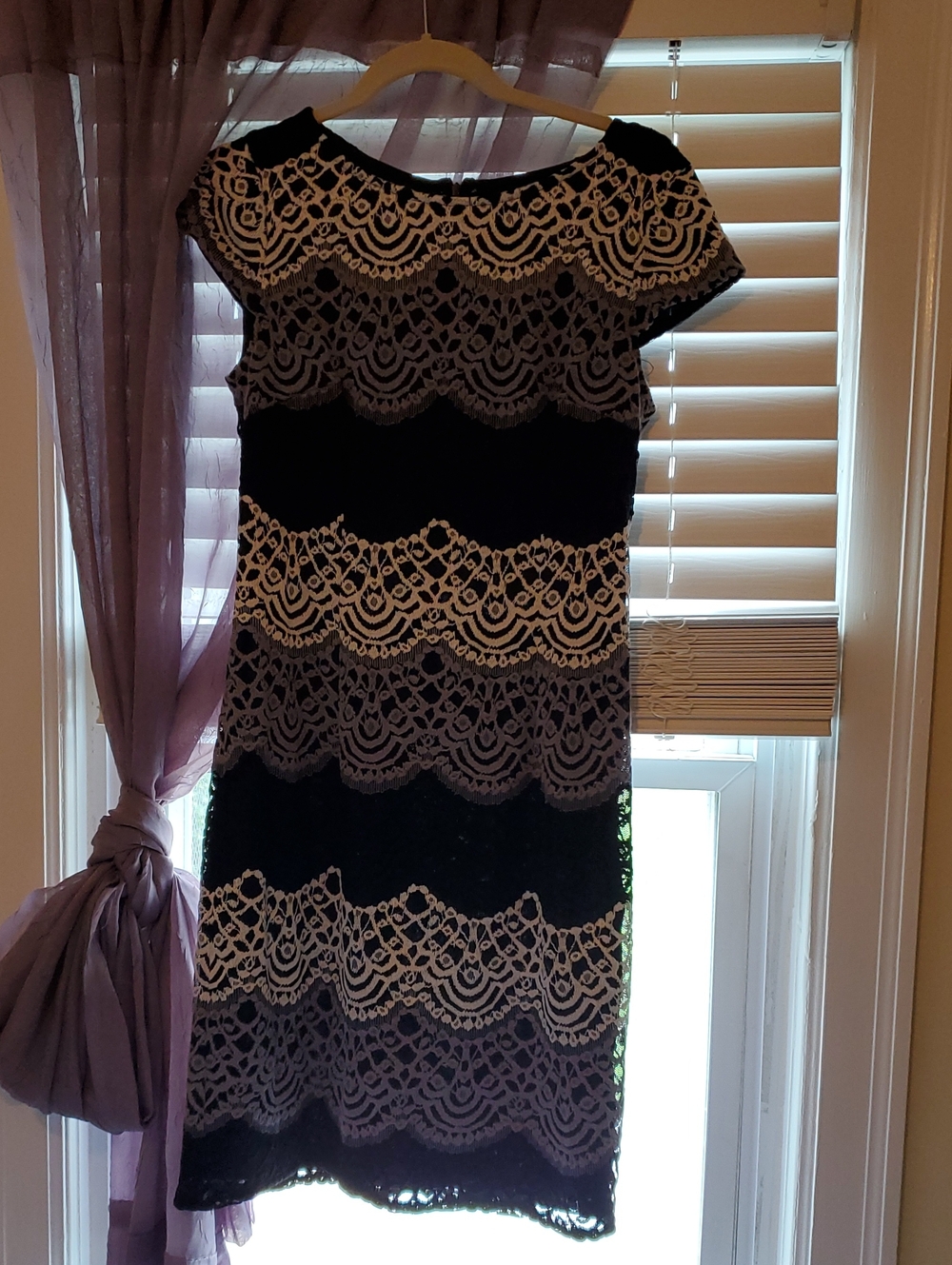Studio One Black and Ivory Lace Sheath Dress with Scallop Detail